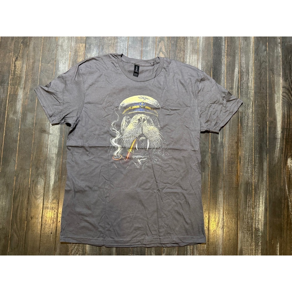 Gildan Softstyle Walrus Sea Captain Pipe Graphic T-Shirt Gray Mens Large